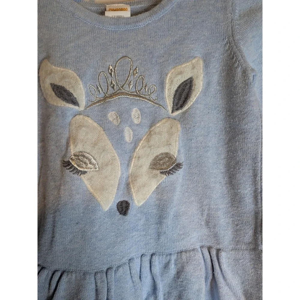 Gymboree Girls Light Blue Deer Tiara Knit Sweater Dress 18-24 Months Ruffle Hem